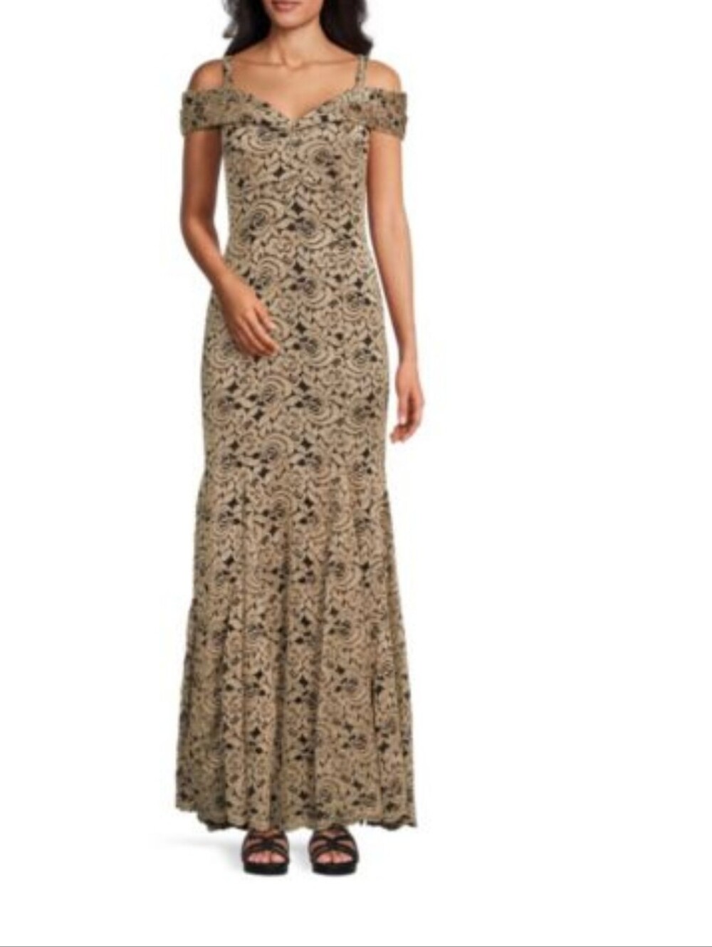 R & M Richards Gold Lace Off-Shoulder Maxi Gown